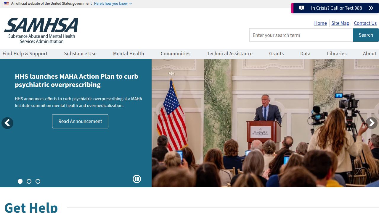 Screenshot of the Substance Abuse and Mental Health Services Administration (SAMHSA) homepage.