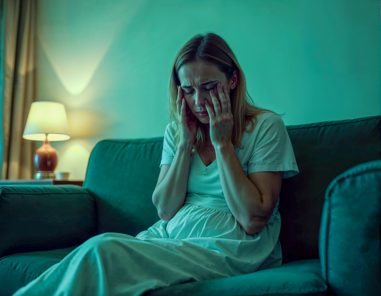 A woman sits alone, looking thoughtful and slightly worried, symbolizing the internal struggle of relationship anxiety.