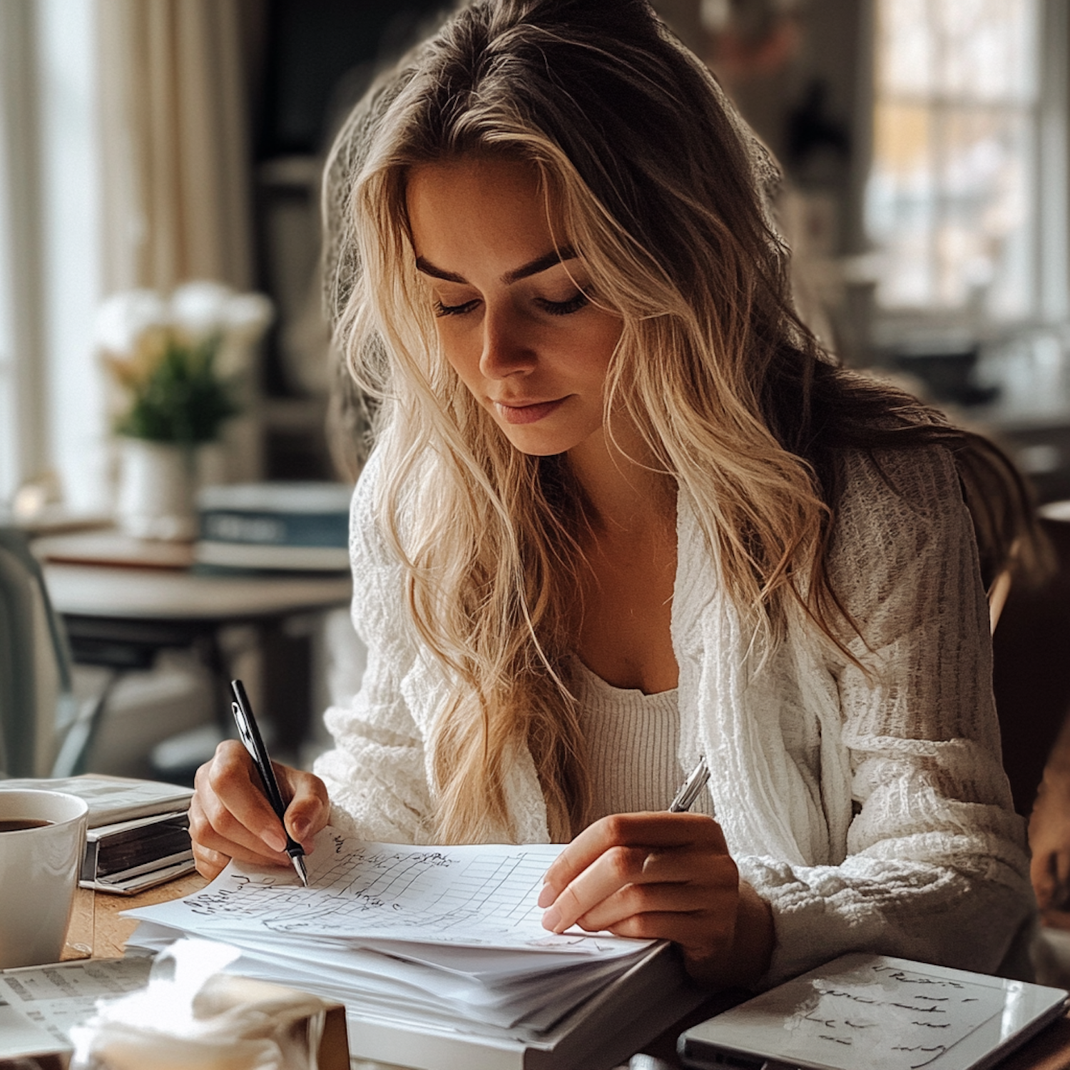 A woman calmly writing in a journal, representing the use of self-help strategies like journaling and mindfulness between therapy sessions.