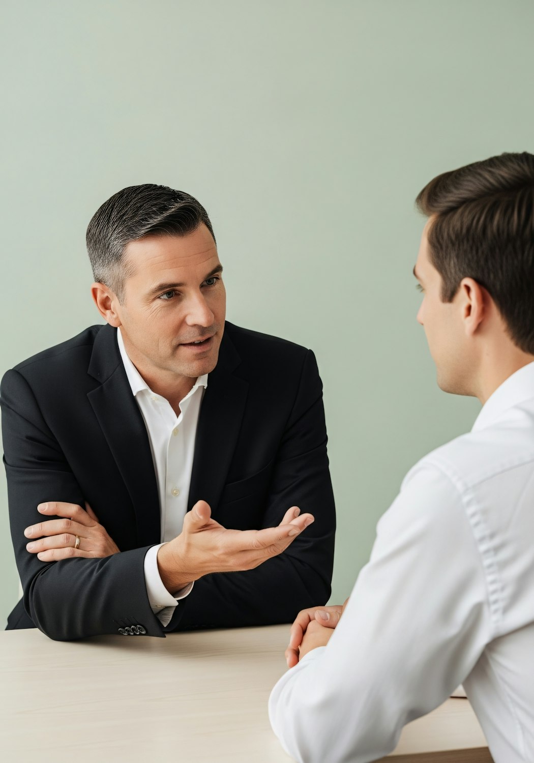 Two people engaged in a calm and respectful conversation, illustrating effective communication and healthy interpersonal interactions.