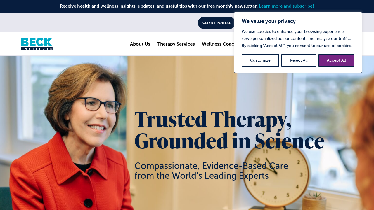 A screenshot of the Beck Institute's homepage, a leading organization in cognitive behavioral therapy, offering resources and training.