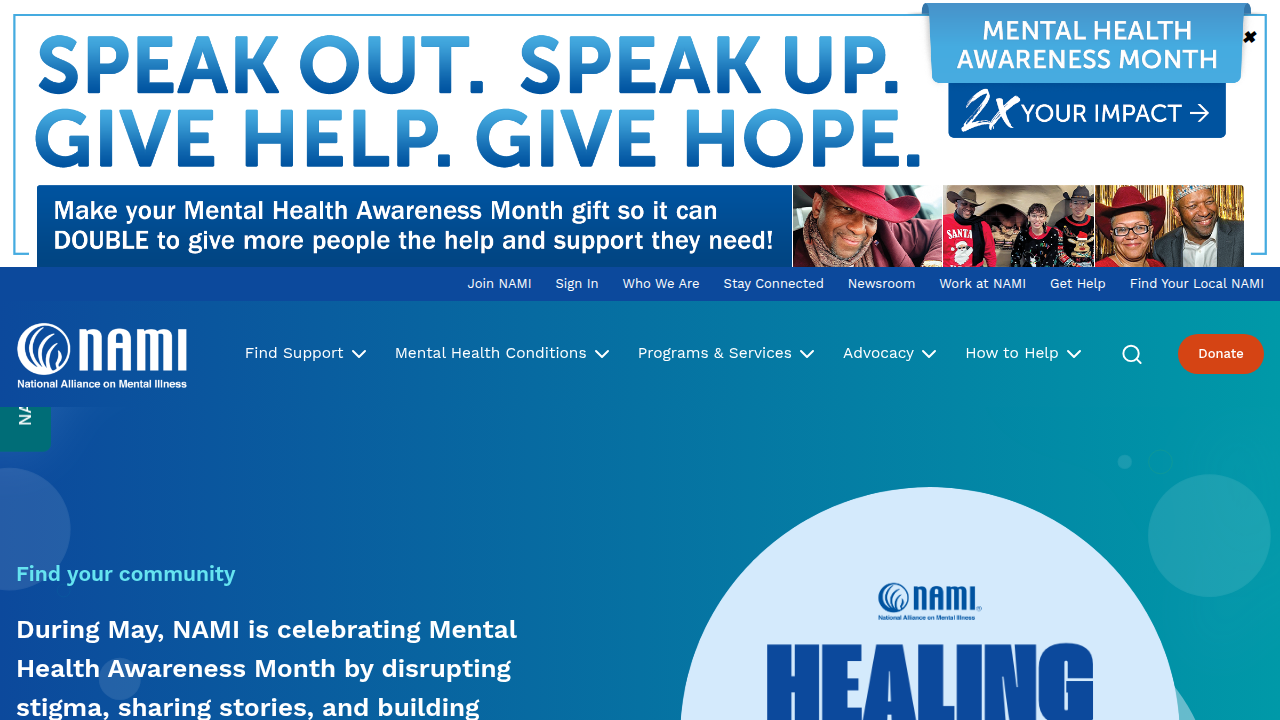 A screenshot of the National Alliance on Mental Illness (NAMI) website, a valuable resource for mental health information, support, and advocacy.