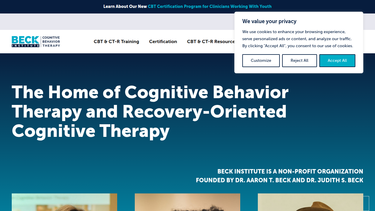 The homepage of the Beck Institute, founded by Aaron Beck, highlighting its role in promoting Cognitive Behavioral Therapy.