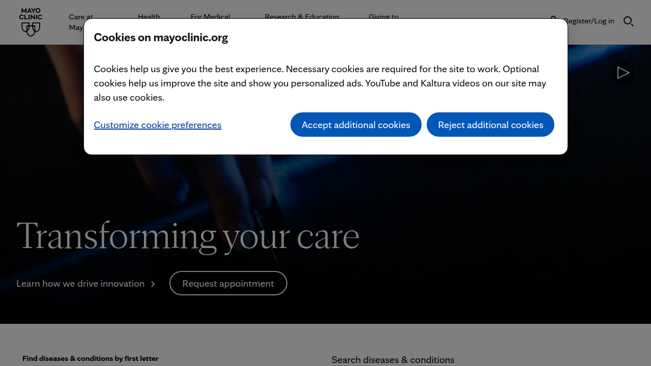 The homepage of the Mayo Clinic, a renowned medical center recognized for its patient care, education, and research.