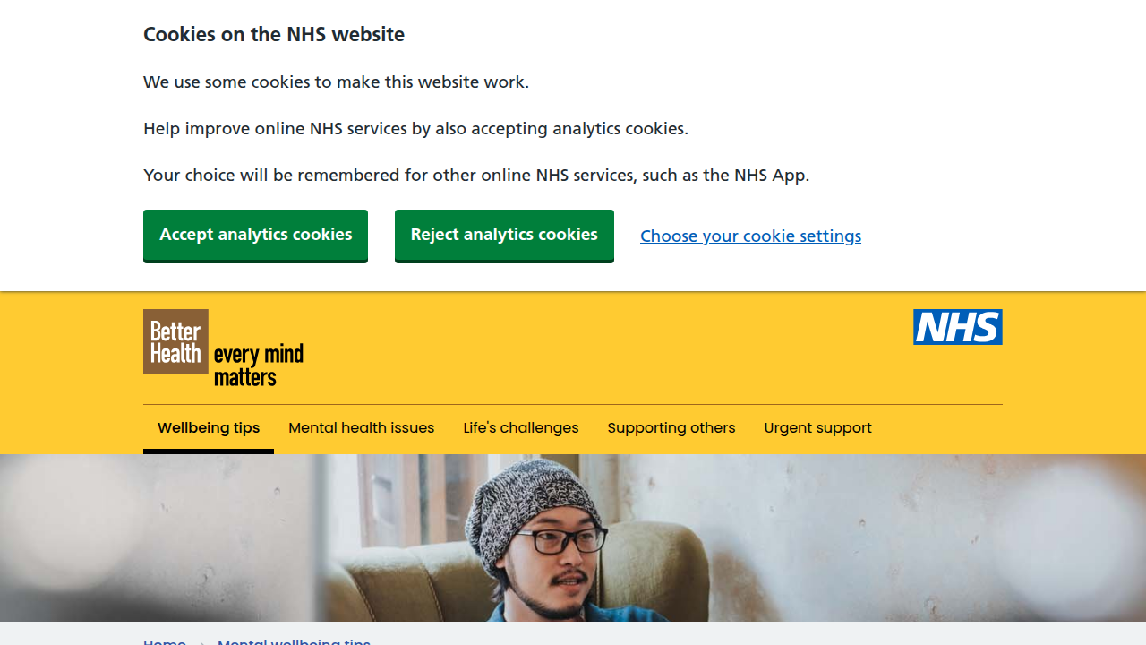 A screenshot of the 'Every Mind Matters' section on the NHS website, showing available self-help CBT techniques.