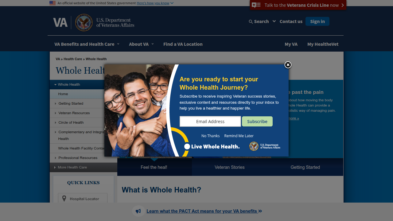 Screenshot of the VA Whole Health website, detailing their approach to complementary and integrative health, including biofeedback.