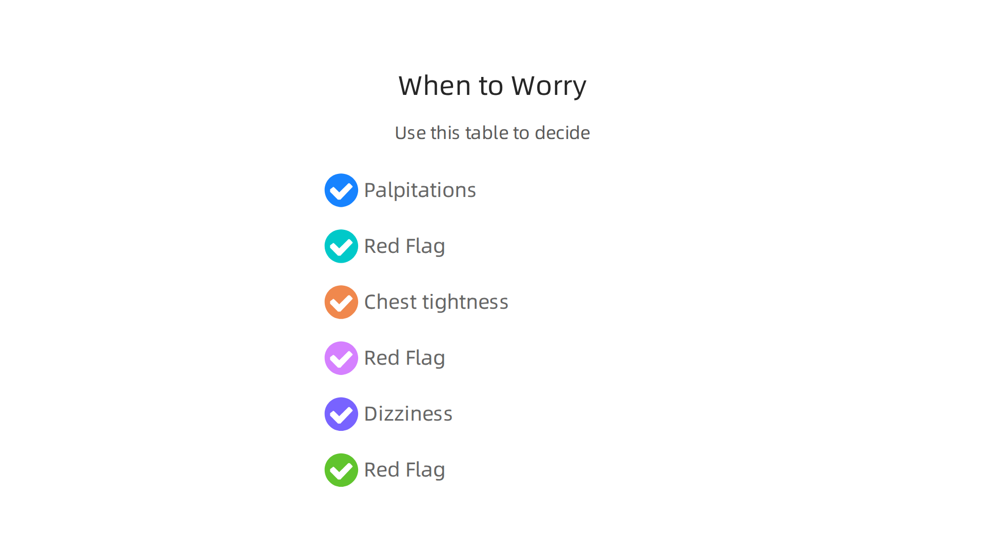 A simple checklist to help differentiate between anxiety symptoms and red flag symptoms requiring immediate medical attention.