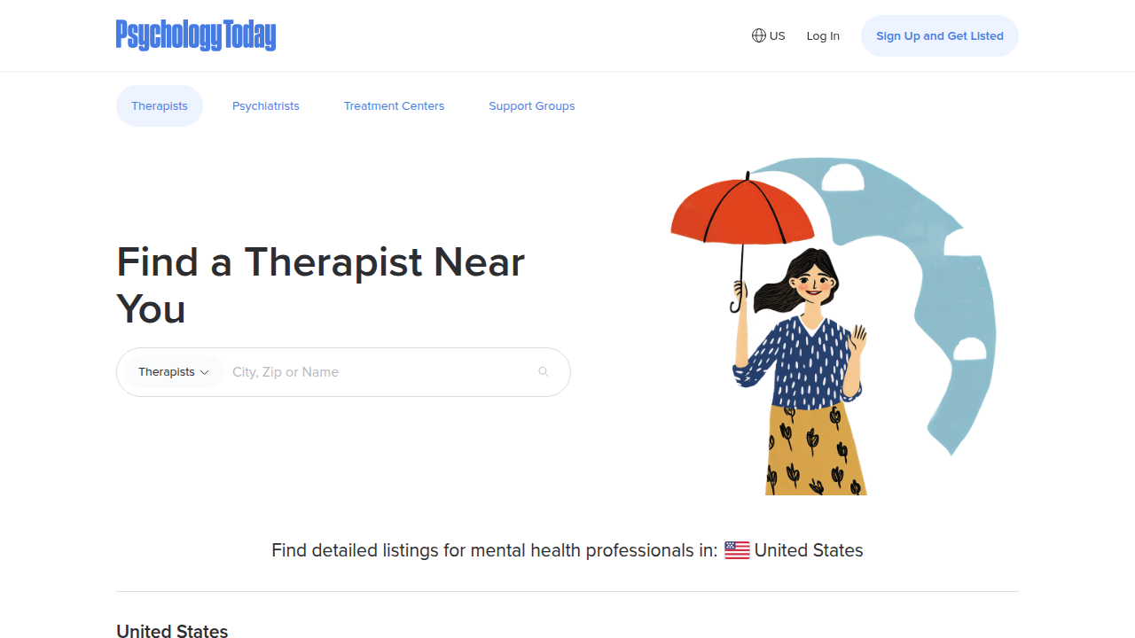The Psychology Today therapist directory showing search filters and results.