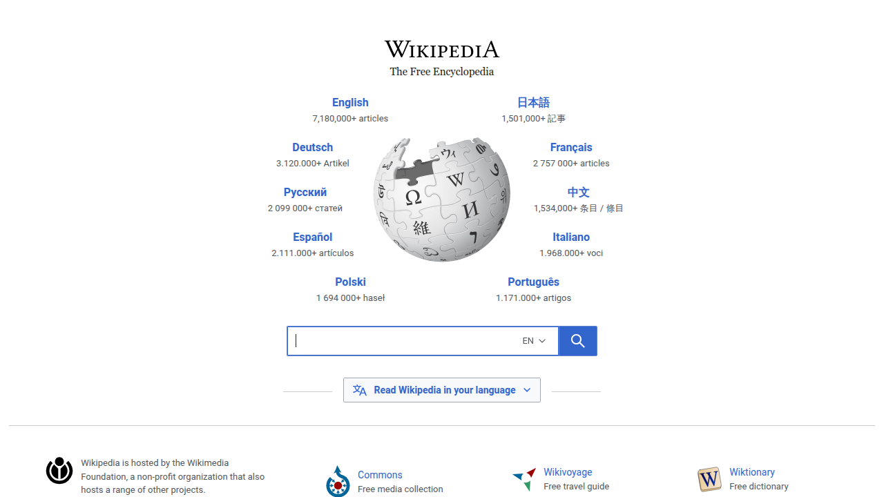 The homepage of Wikipedia, a common resource for information on topics like the Trier Social Stress Test's history.