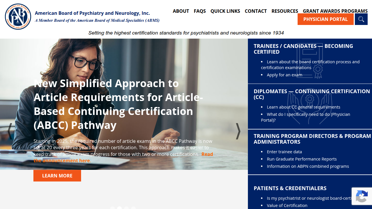 The official website of the American Board of Psychiatry and Neurology, detailing certification standards for psychiatrists.