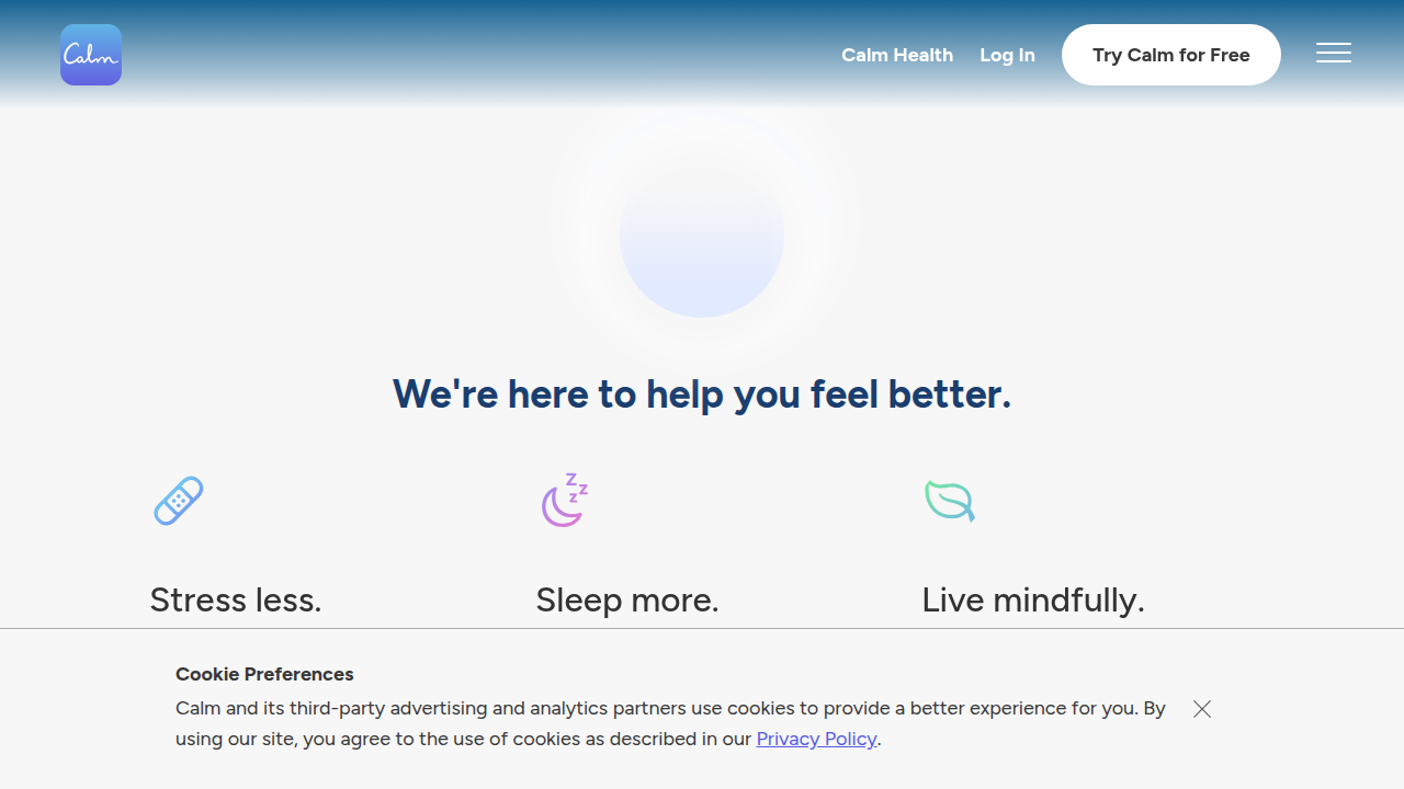 Homepage of Calm, a popular app and resource for meditation, sleep, and mental wellness.