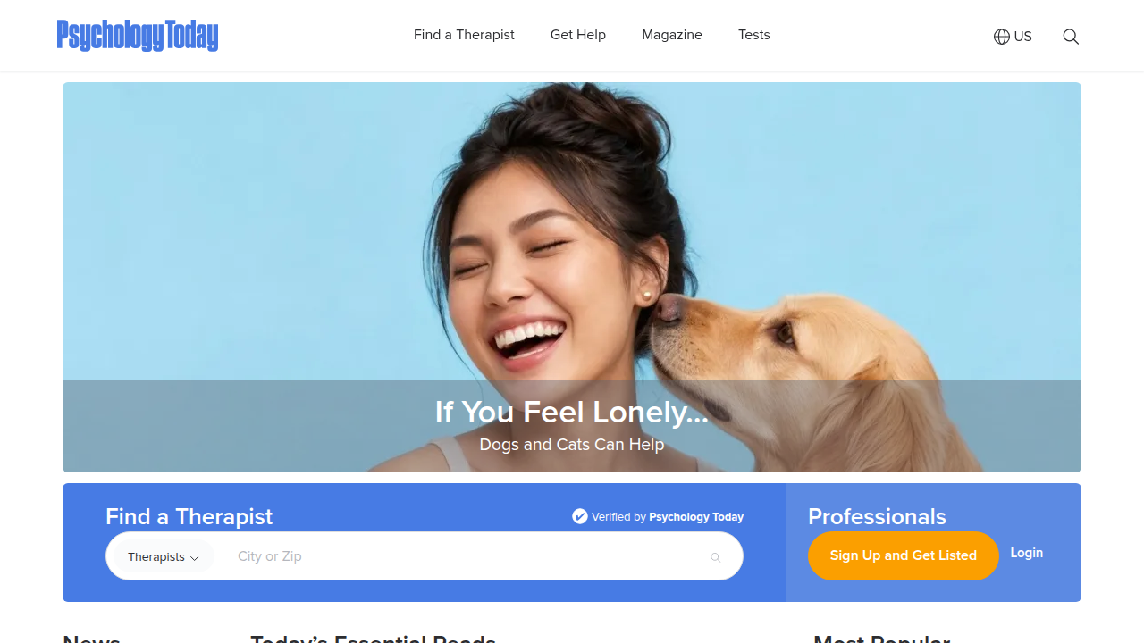 Homepage of Psychology Today, a magazine and online resource covering all aspects of psychology and mental health.