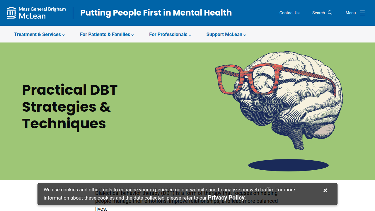 A screenshot from McLean Hospital's website, featuring information on Dialectical Behavior Therapy distress tolerance strategies.