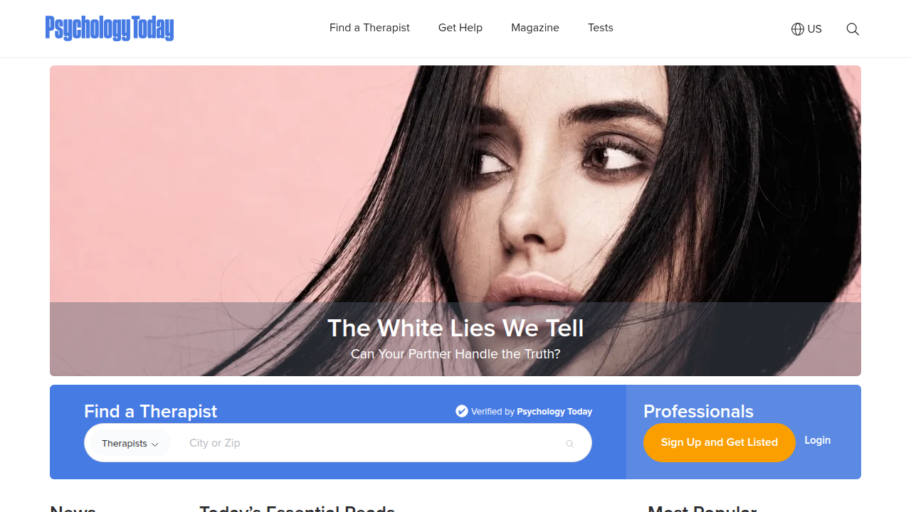 A screenshot of the Psychology Today homepage, showing the entrance to its vast therapist directory.