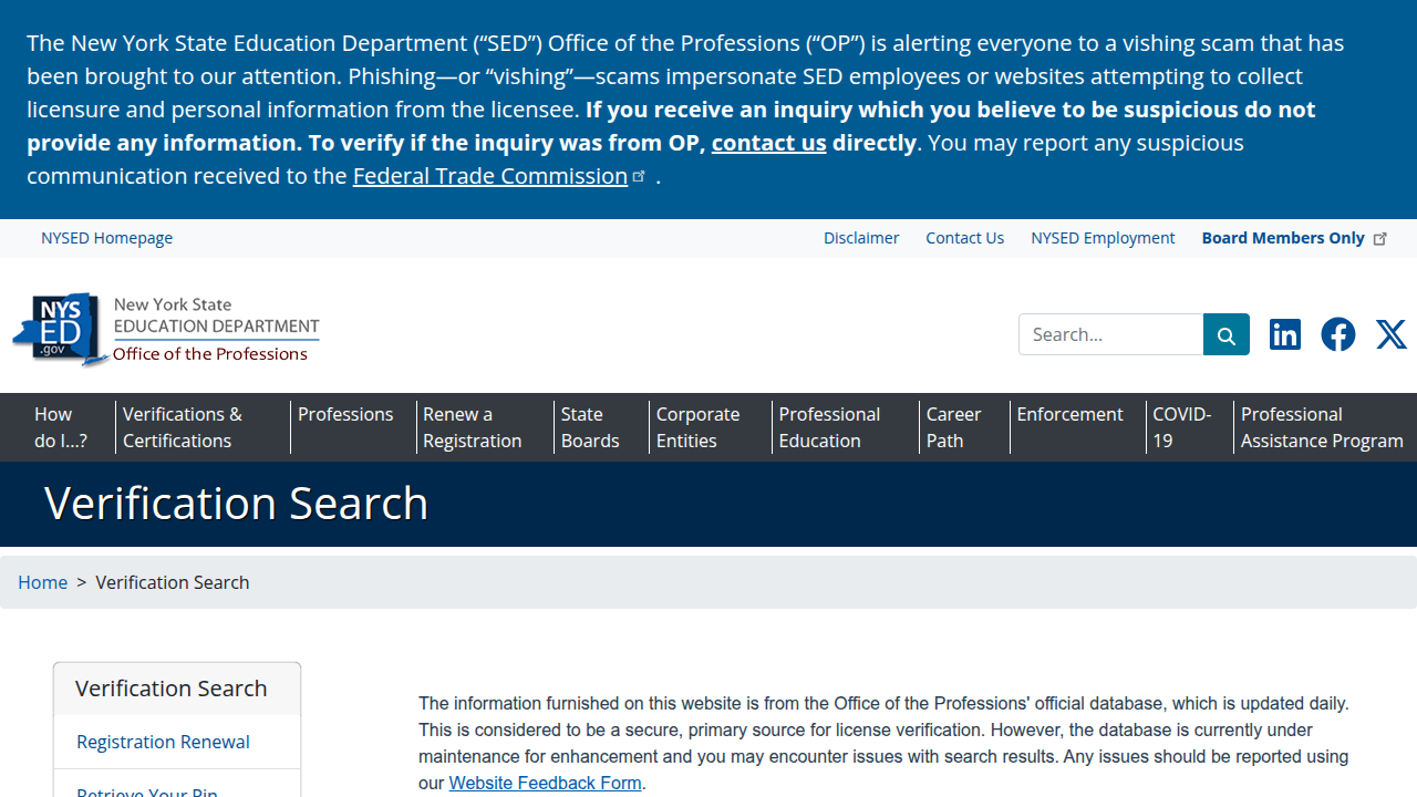 A screenshot of a state professional licensing board website, illustrating where to verify a therapist's credentials.