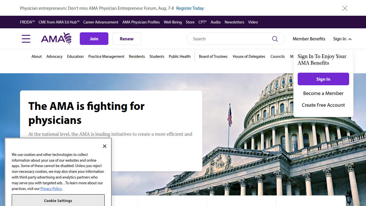 Screenshot of the American Medical Association homepage, a key resource for understanding behavioral health definitions.