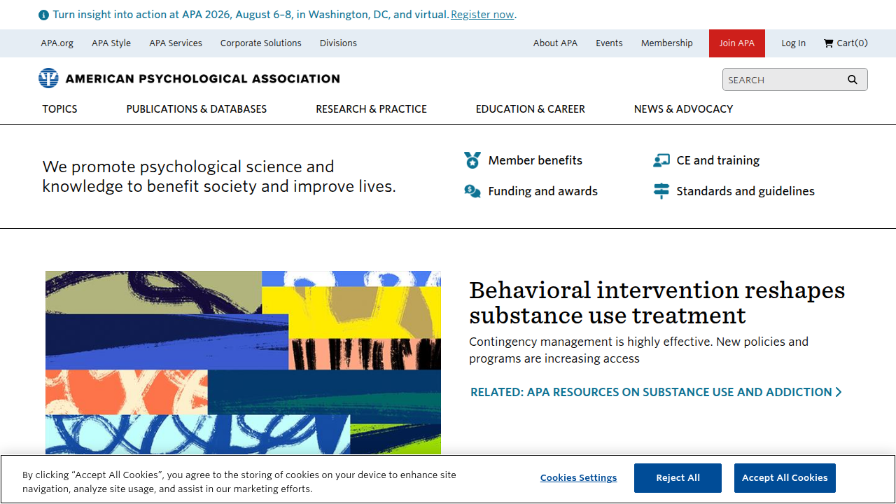 A screenshot of the American Psychological Association (APA) website, a leading resource for psychology.