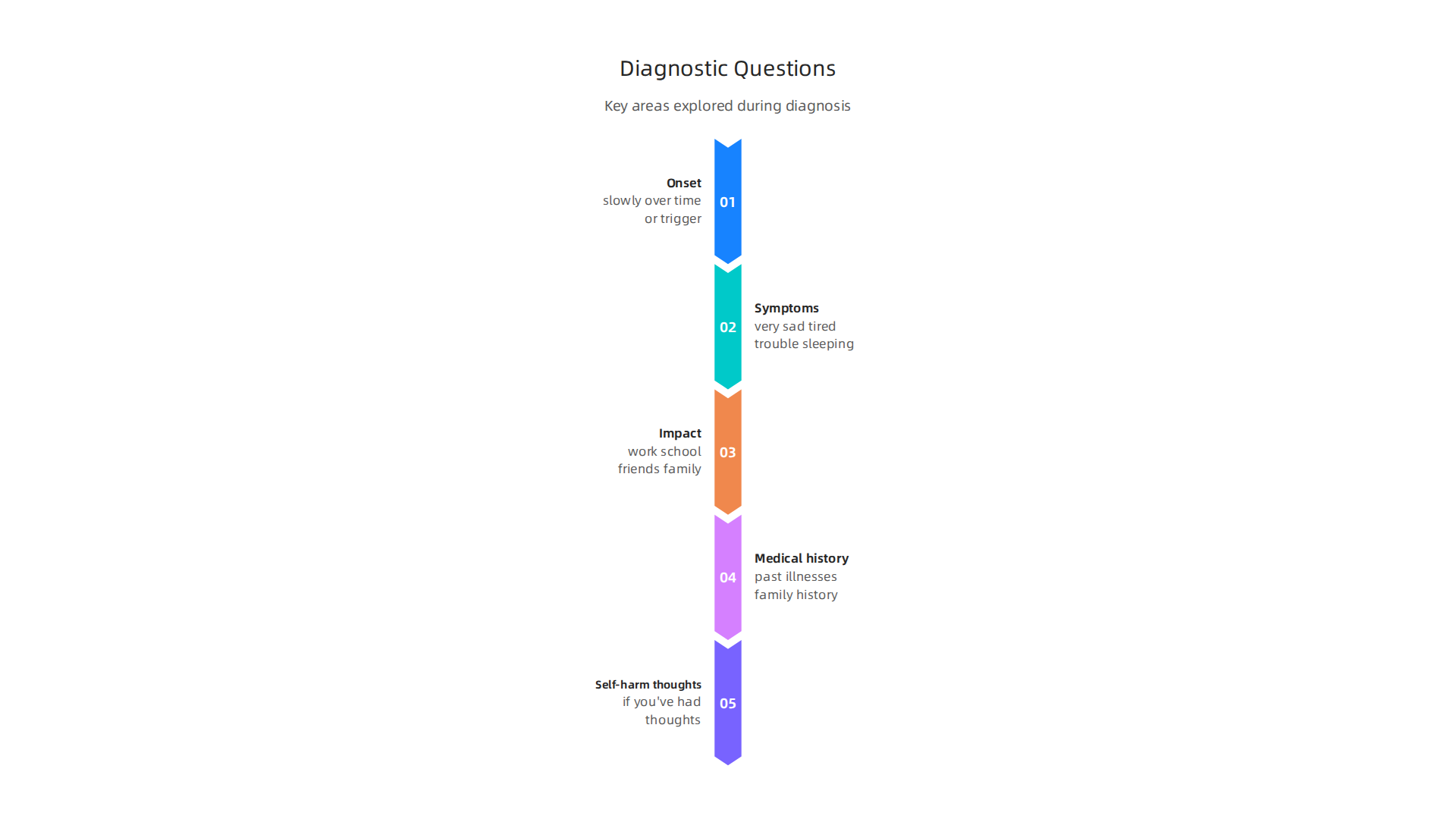 An infographic detailing the key areas a psychiatrist explores during diagnosis.