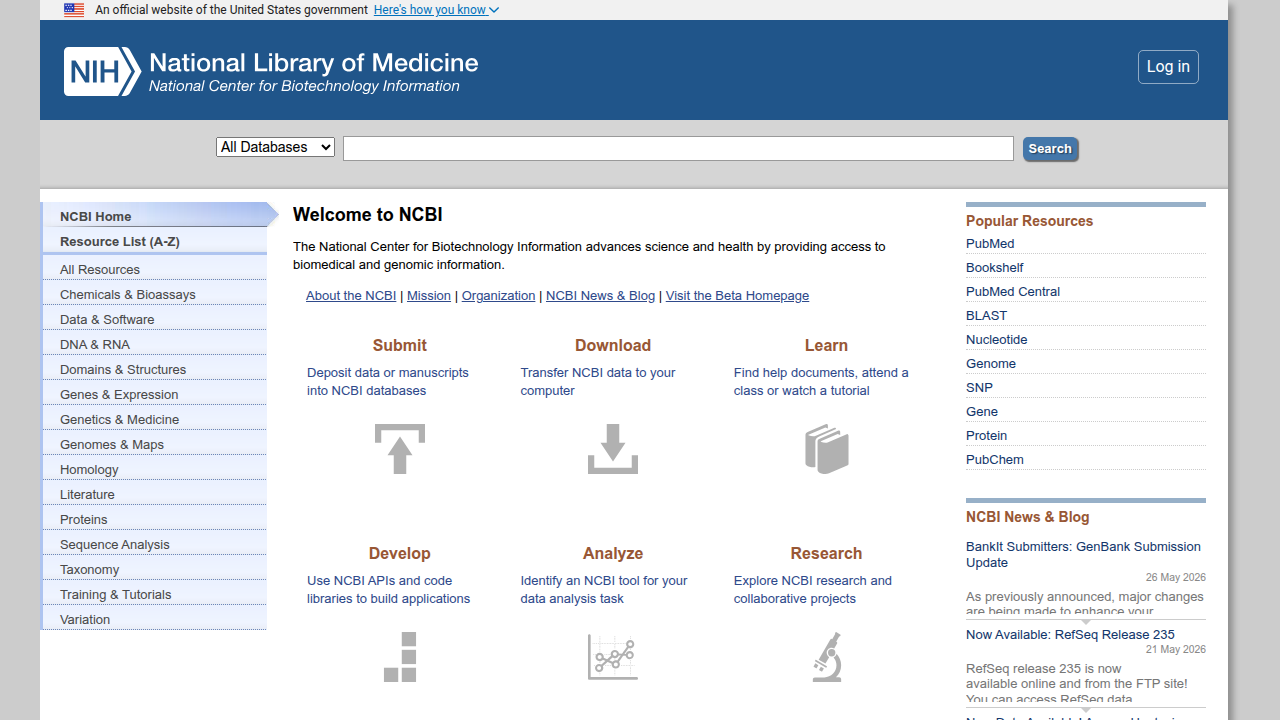 The homepage of the National Center for Biotechnology Information (NCBI), a vital source for scientific and medical research.