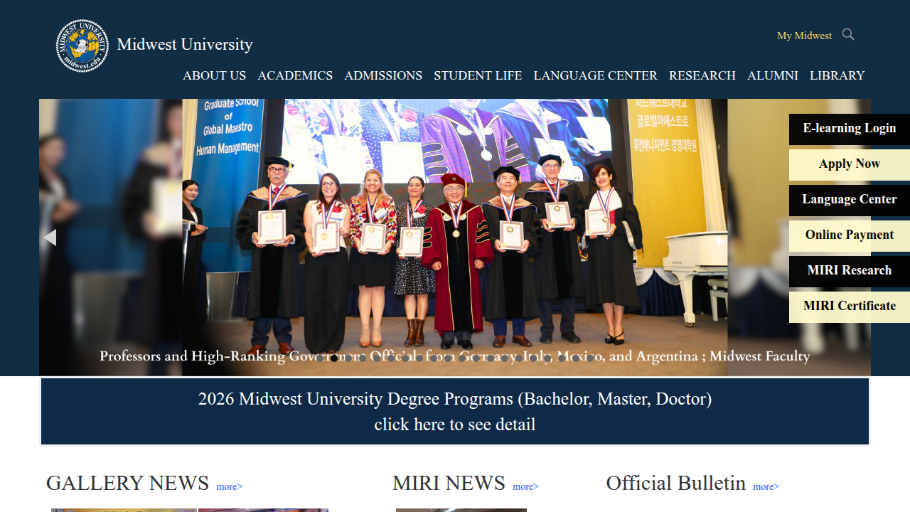 Screenshot of Midwest University's homepage, representing educational resources for future therapists.