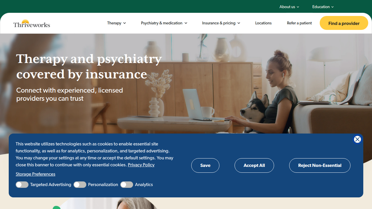 Screenshot of the Thriveworks homepage, a platform offering therapy services and resources for mental health.