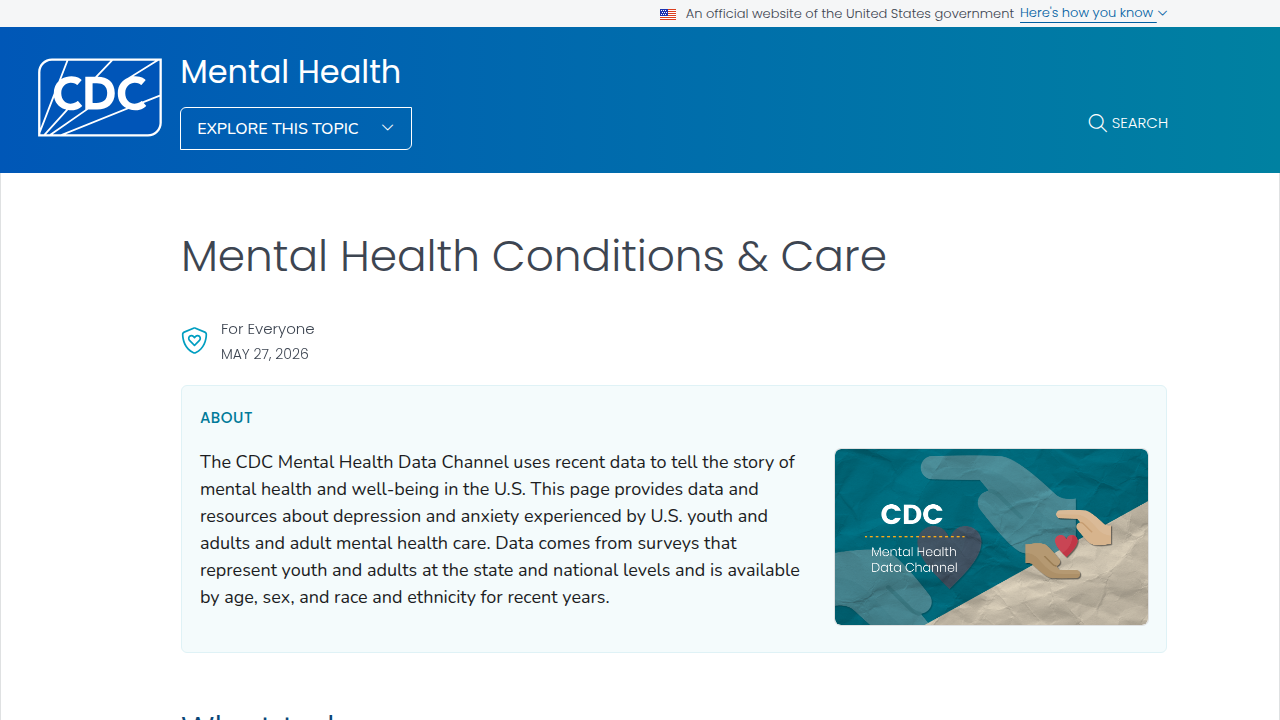 A screenshot of the CDC's Mental Health Conditions & Care data page, highlighting statistics on anxiety.