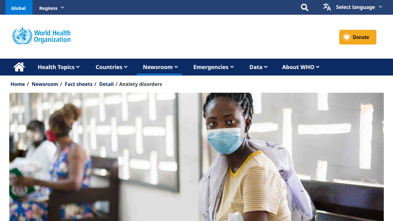 A screenshot of the World Health Organization's fact sheet detailing anxiety disorders.
