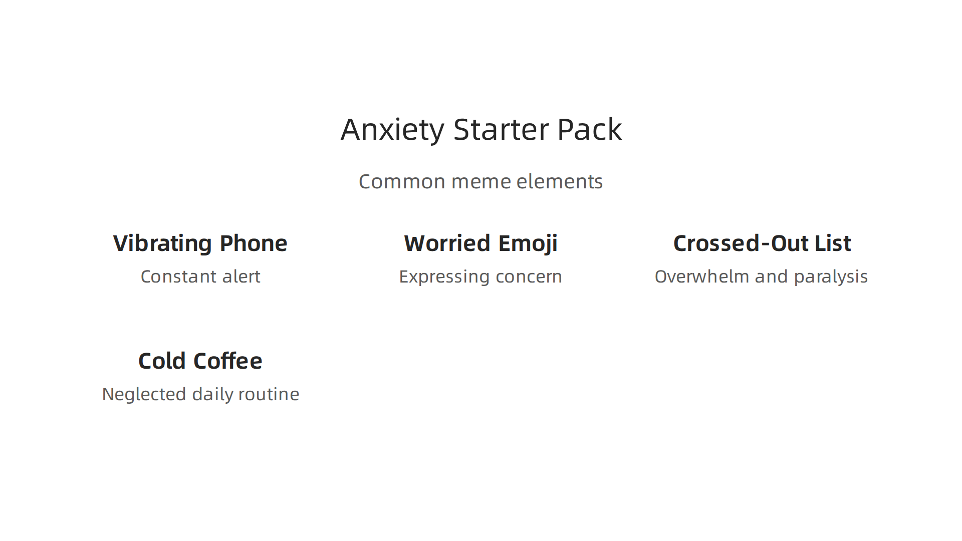 Common elements depicted in 'Anxiety Starter Pack' memes.