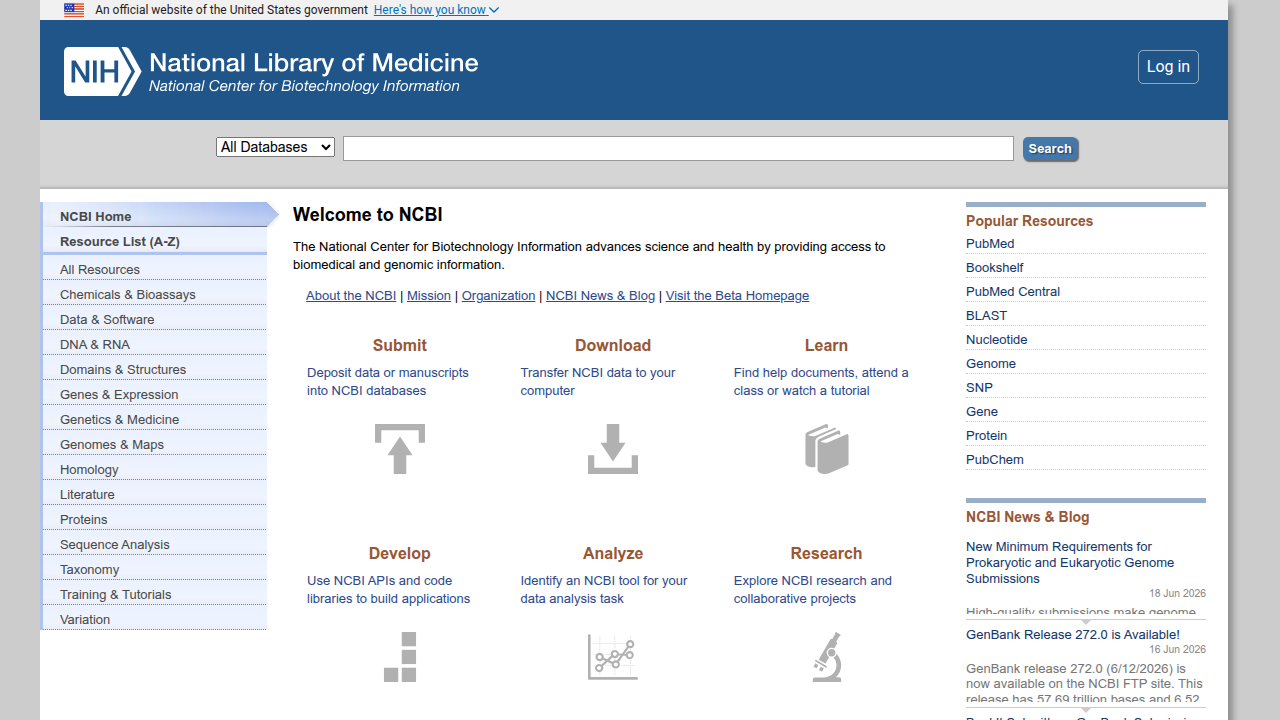 The National Center for Biotechnology Information (NCBI) website, a source for biomedical information.