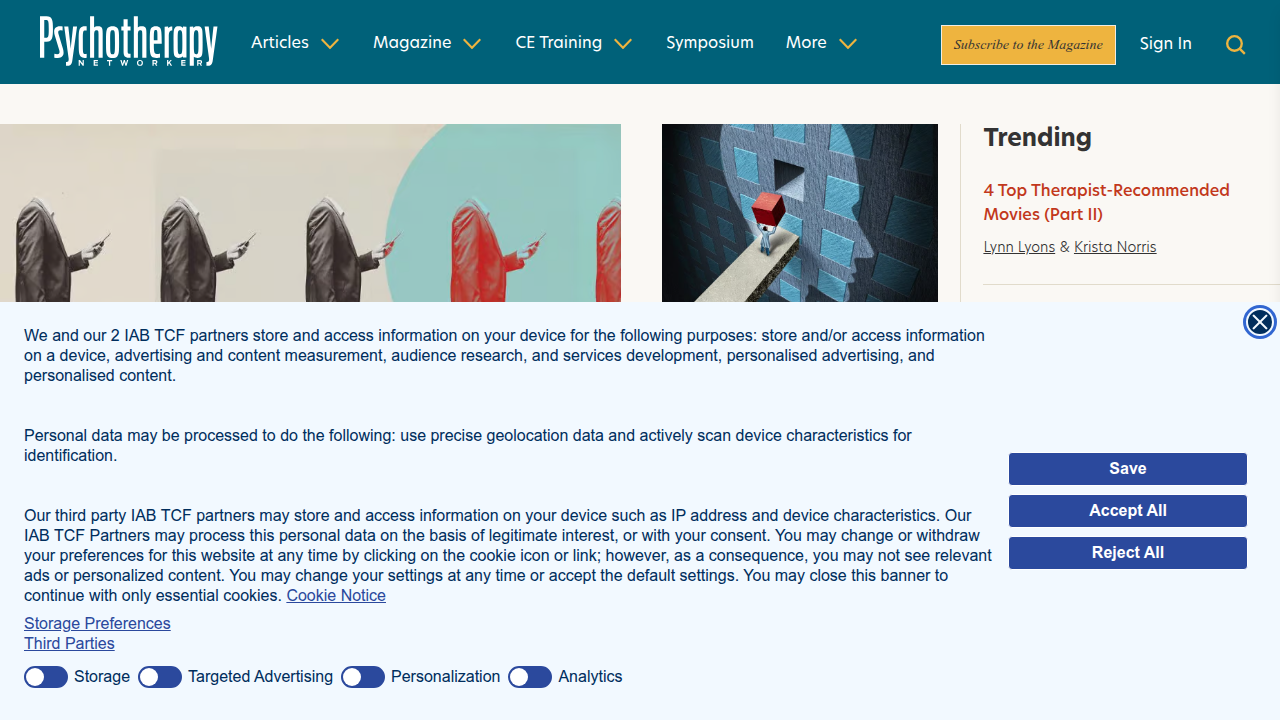 Psychotherapy Networker's homepage, featuring articles on mental health and therapy.