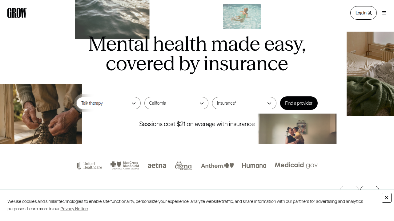 Grow Therapy's website, providing mental health statistics and resources.