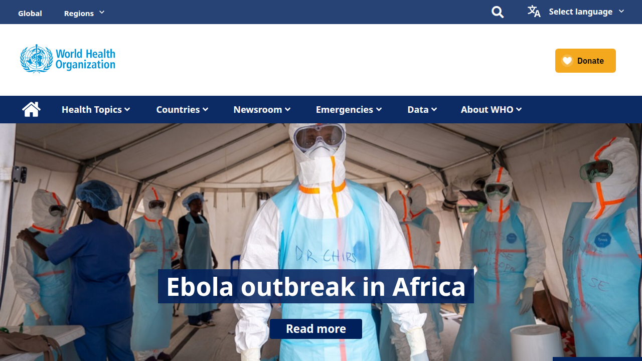 Screenshot of the homepage for the 'World Health Organization', a global authority on public health.