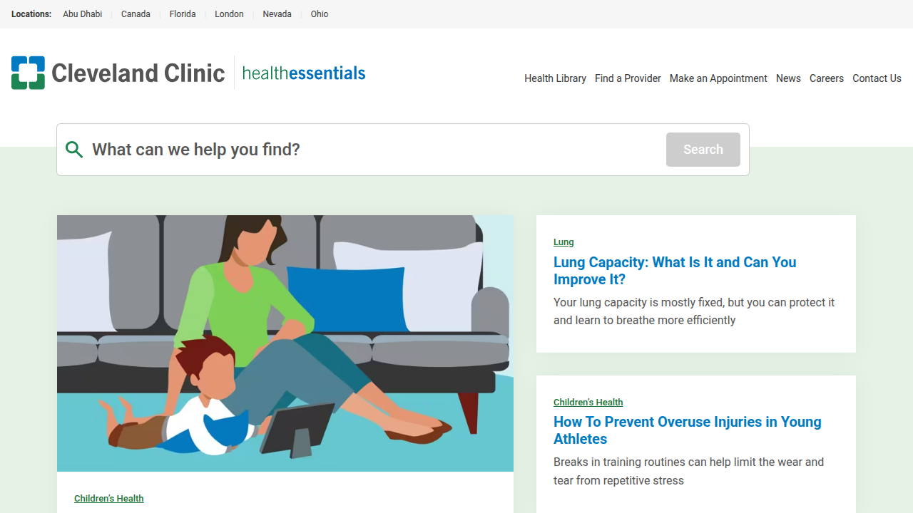 The homepage of Cleveland Clinic's health information website, a trusted source for medical guides.