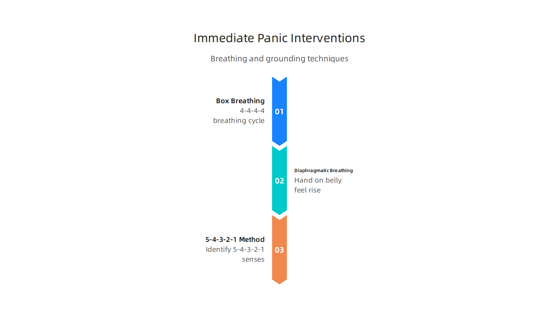 Visual guide to immediate breathing exercises and grounding techniques for panic relief.