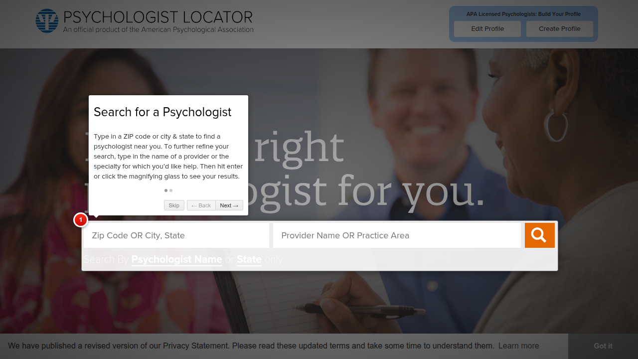 The American Psychological Association's Psychologist Locator tool for finding licensed professionals.