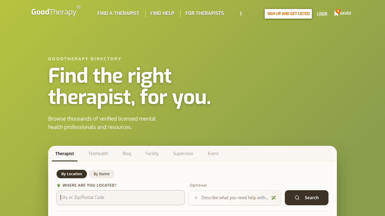 Homepage of GoodTherapy, an online directory featuring detailed therapist profiles.