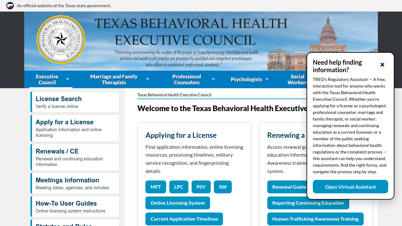 The official website for the Texas Behavioral Health Executive Council, used for verifying psychologist licenses.