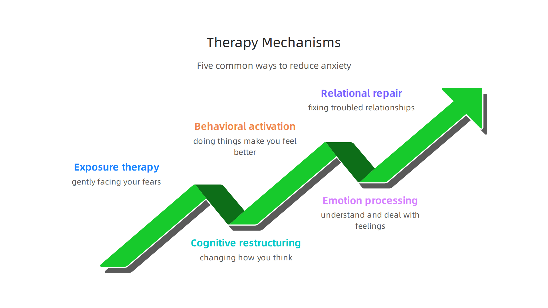 Visualizing key therapeutic mechanisms that contribute to reducing anxiety, from exposure to relational repair.