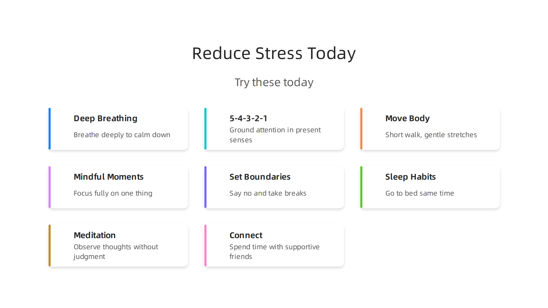 An overview of practical, evidence-informed strategies to reduce stress strain, from quick calm techniques to long-term calming habits.