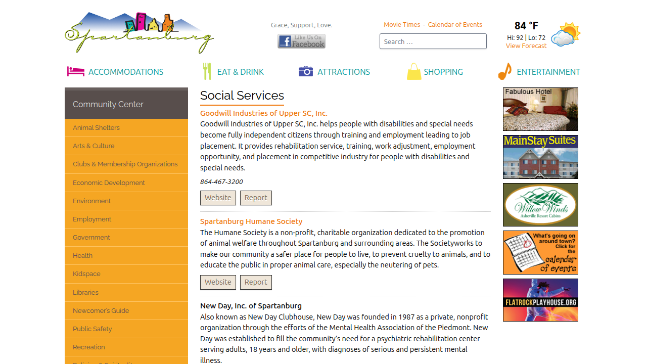 Screenshot of the Spartanburg.com social services directory, listing various local community support organizations.
