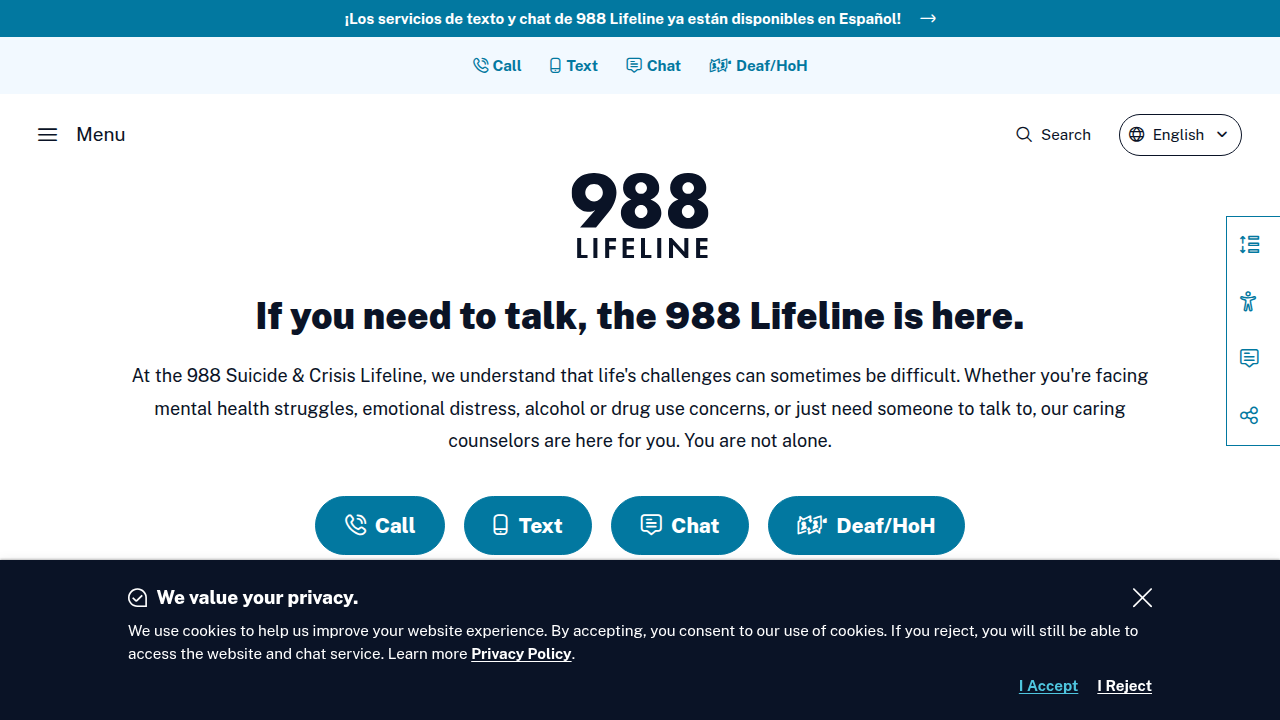 Screenshot of the official 988 Suicide & Crisis Lifeline website, providing information on immediate mental health support.