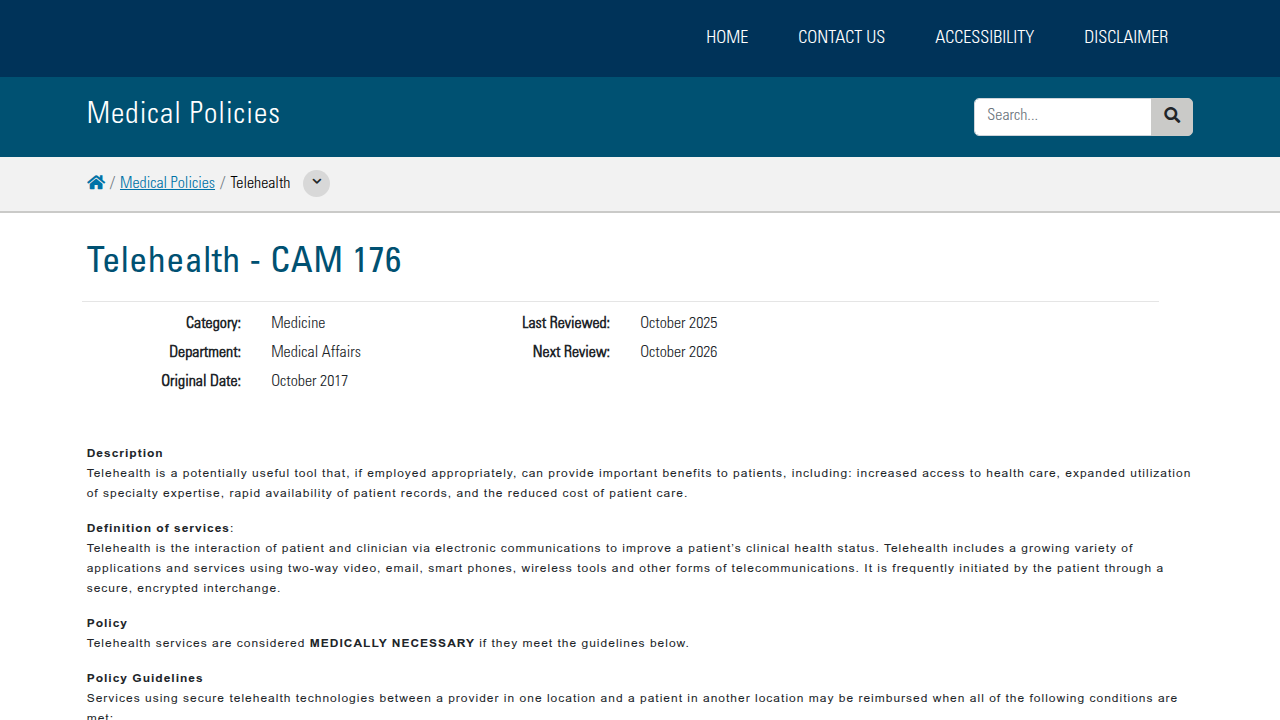 Screenshot of the South Carolina BlueCross BlueShield page detailing their telehealth policy for mental health services.